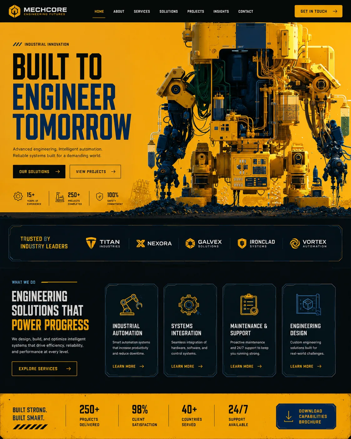 Mechcore Engineering website concept with bold yellow and industrial imagery