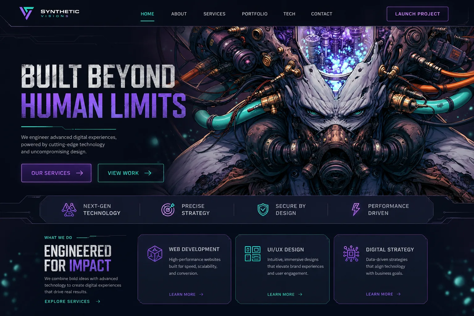 Synthetic Visions technology website concept with a dark, immersive visual design