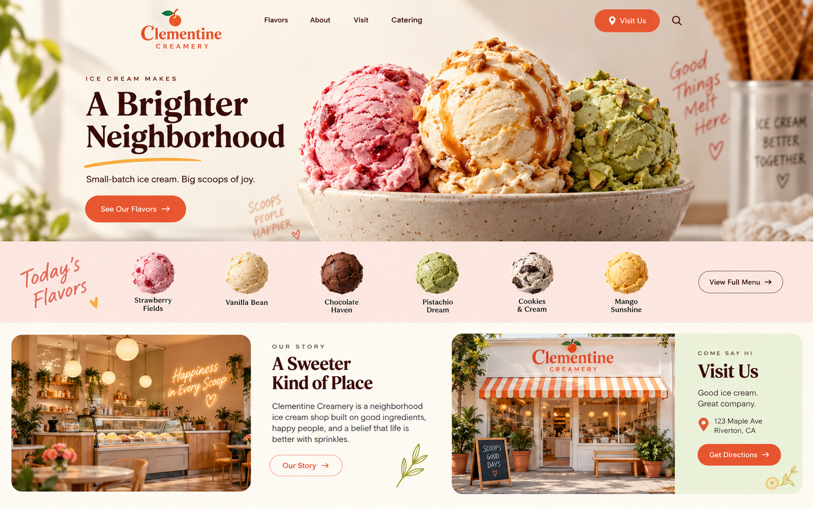 Clementine Creamery website concept with a bright orange and cream design